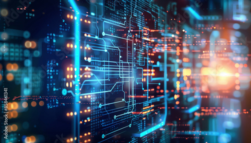 Abstract future technology, AI data flow, glowing 3D lines in space