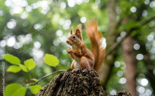 Red Squirrel Standing on a Tree Branch in a Forest