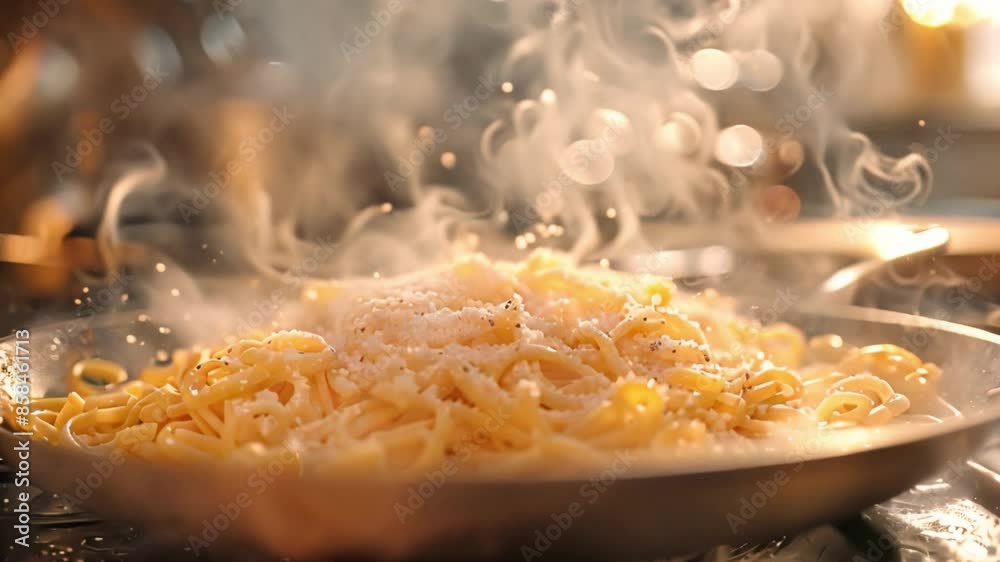 A close-up shot of freshly cooked pasta in a pan, steaming on a stovetop. A close-up shot of freshly cooked pasta in a pan, steaming on a stovetop.