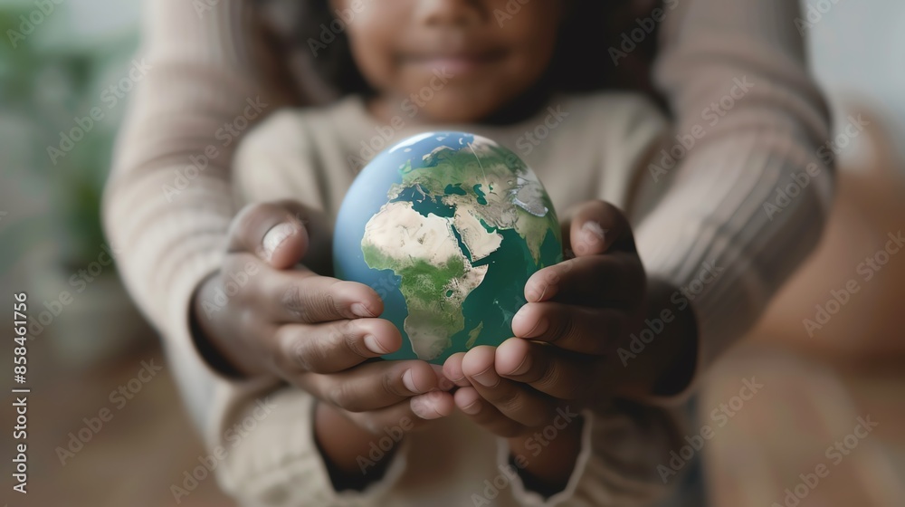 Child holding a globe, symbolizing global unity, future generation, and environmental responsibility. Close-up on hands and Earth model. Child holding a globe, symbolizing global unity, future generation, and environmental responsibility. Close-up on hands and Earth model.
