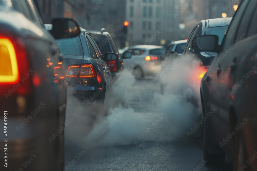 Obraz premium A photo of a busy urban road with cars emitting polluting exhaust gases, showcasing environmental pollution and health concerns.