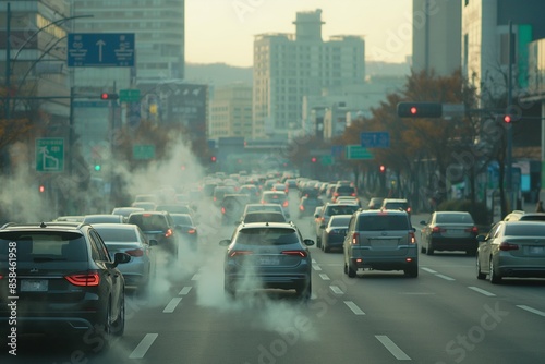 A photo of a busy urban road with cars emitting polluting exhaust gases, showcasing environmental pollution and health concerns.