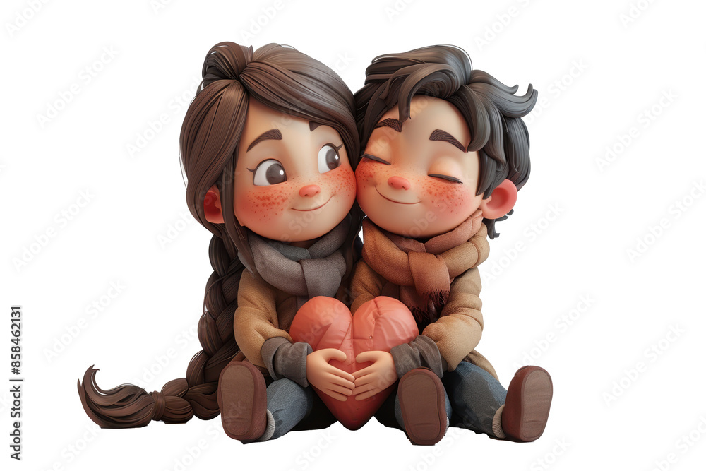 Adorable animated couple holding a heart-shaped object, expressing young love and happiness. Both characters are dressed warmly. Adorable animated couple holding a heart-shaped object, expressing young love and happiness. Both characters are dressed warmly.