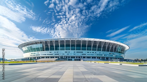 Modern football stadium with views from the outside. Football stadium arena for professional match with modern building