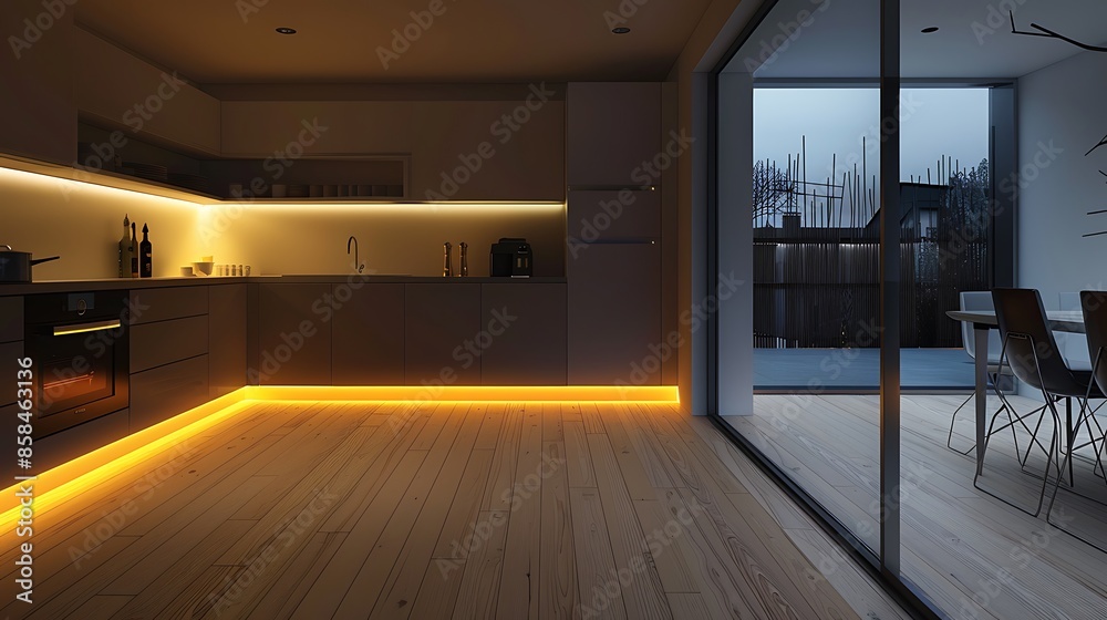 minimalist kitchen with under-counter lighting that illuminates the flooring minimalist kitchen with under-counter lighting that illuminates the flooring