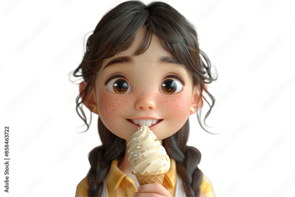 A cheerful, animated girl with big brown eyes and freckles enjoys a delicious ice cream cone against a light background. A cheerful, animated girl with big brown eyes and freckles enjoys a delicious ice cream cone against a light background.