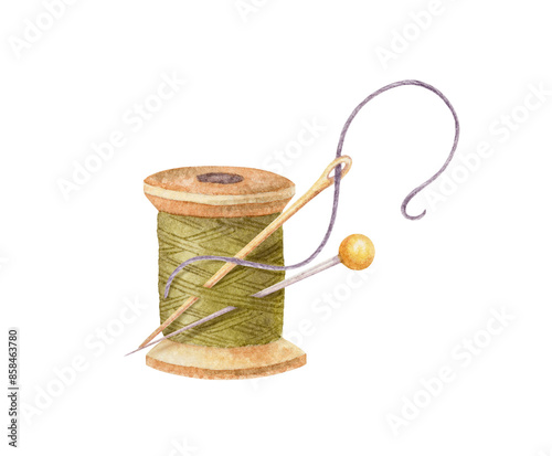 Spool of thread green with pin and needle for tailor’s design. Hand drawn watercolor art of in vintage style. Sewing tool of dressmaker illustration. Sewing supplies for hobby and small business.