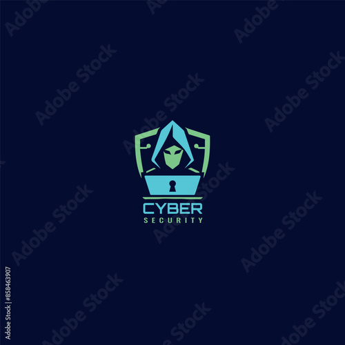 Cyber Security Logo shield and hacker with laptop keyhole combination, usable for technology and security company logos, vector illustration