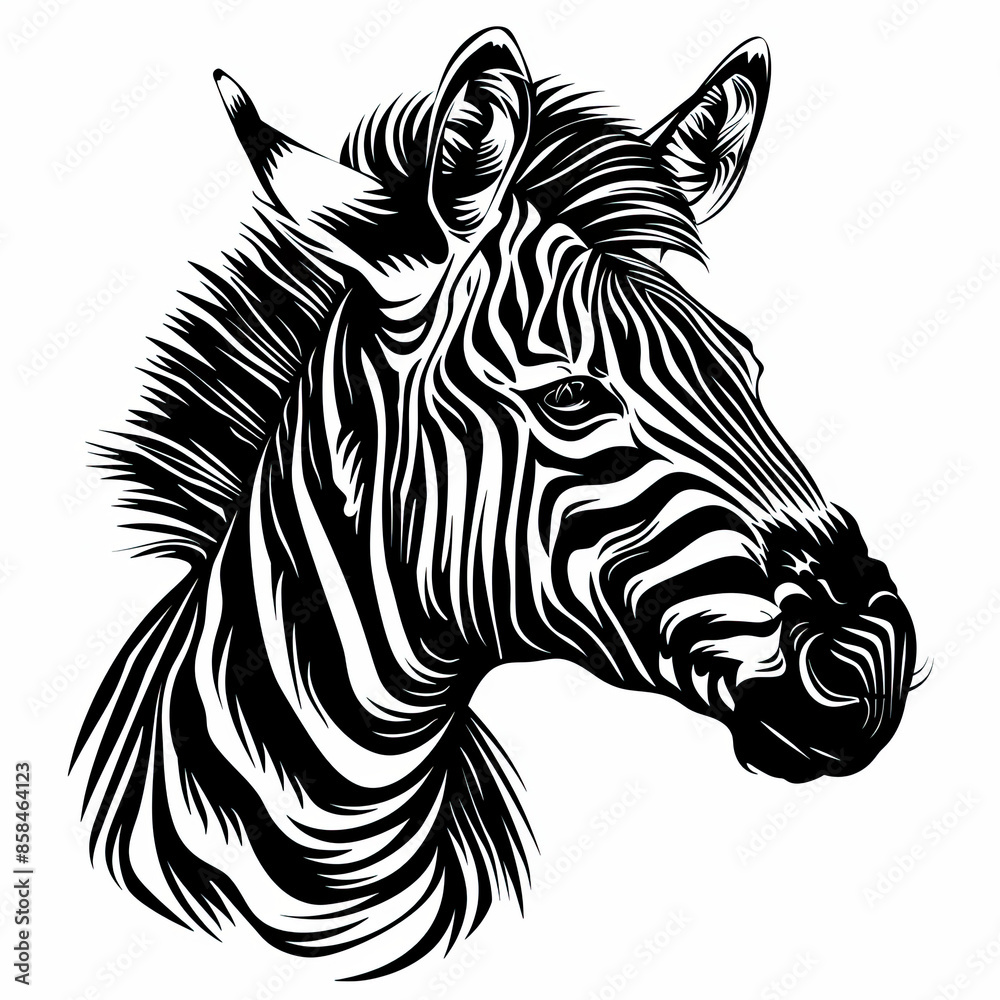 A black and white drawing of a zebra 's head A black and white drawing of a zebra 's head