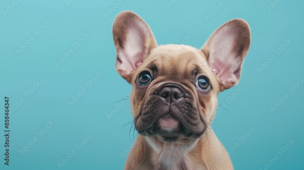 Adorable French Bulldog puppy in lilac red and fawn colors on blue background Adorable French Bulldog puppy in lilac red and fawn colors on blue background