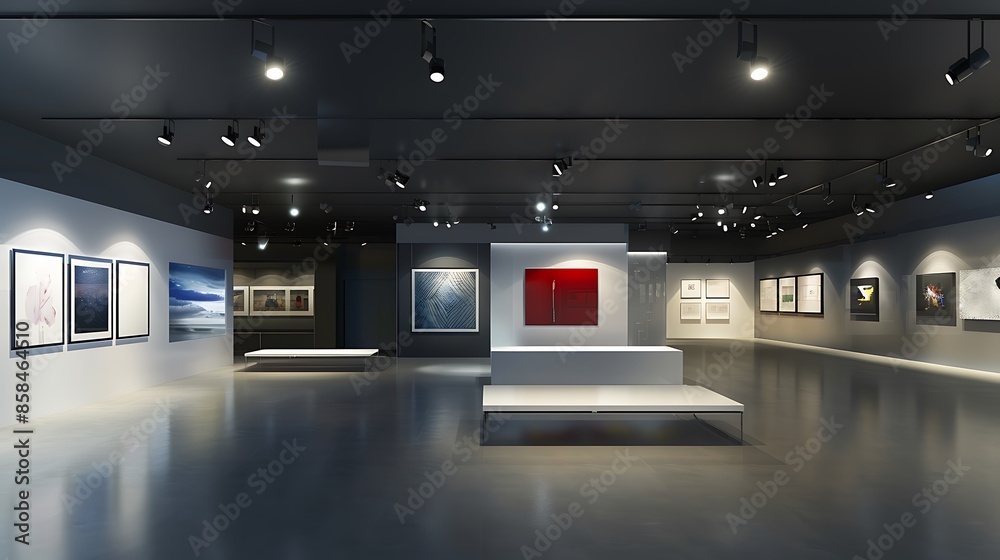 Obraz premium modern gallery where each exhibit is lit by a system of ceiling-mounted