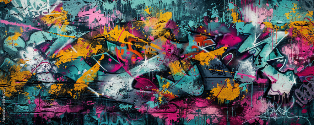 Fototapeta premium Urban graffiti wall background with vibrant colors, dynamic patterns, and textured spray paint. The edgy, artistic scene captures the energy and creativity of street art, ideal for urban themes