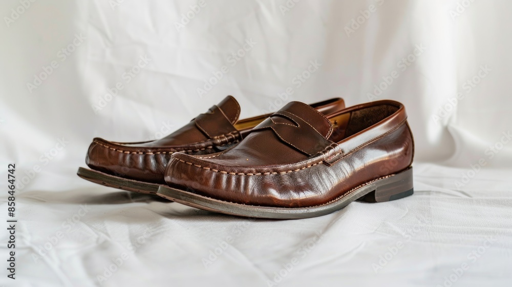 Brown low heeled loafers captured in a studio photo against a white backdrop Brown low heeled loafers captured in a studio photo against a white backdrop