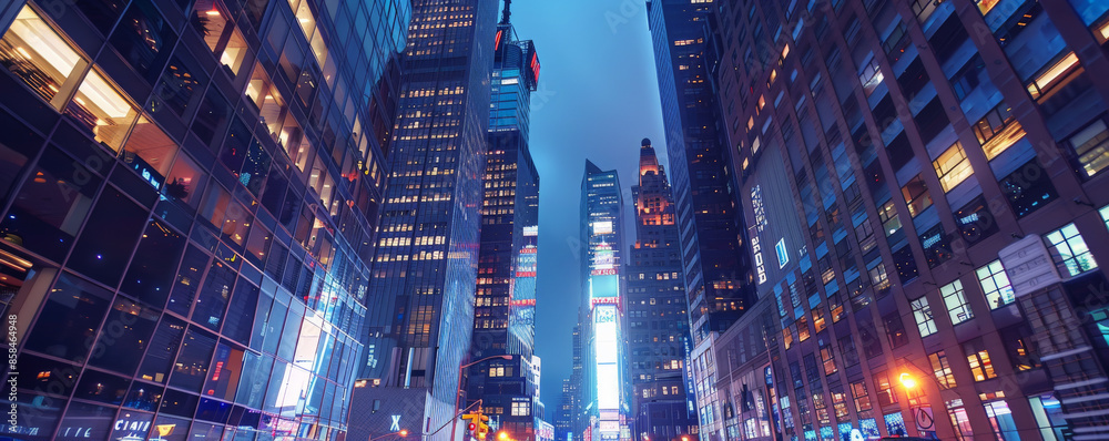 A bustling city skyline at night background with twinkling lights, busy streets, and the textures of tall skyscrapers and reflective windows, creating a dynamic and modern urban scene.