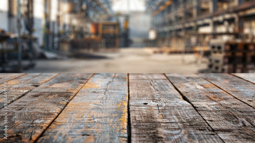 Weathered wooden tabletop with blurred industrial background Weathered wooden tabletop with blurred industrial background