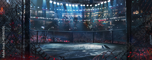 A bustling MMA cage background with padded floors, chain-link fencing, and the textures of intense combat and disciplined training.