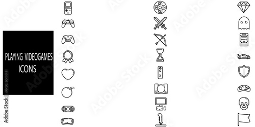 Playing videogame 21 icons collection. Containing playing cards, poker chip, puzzle, fps, casino chip, card game, arcade, map, trailer, race, arcade machine, buff and more .Vector illustration.