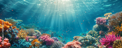 A magical underwater coral reef background with vibrant marine life, clear blue waters, and the textures of colorful corals and gently swaying seaweed, creating an enchanting and biodiverse scene. photo