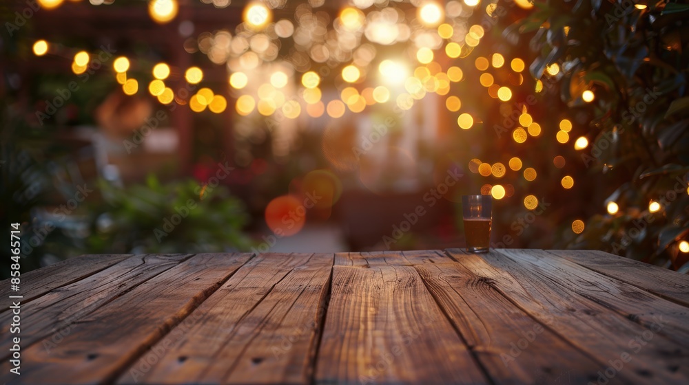 Wooden table with blurred festive lights in a summer evening Wooden table with blurred festive lights in a summer evening