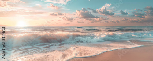 A serene beach sunrise background with soft pastel colors, gentle waves, and textured sand. The peaceful, picturesque view creates a relaxing, inspiring scene. photo