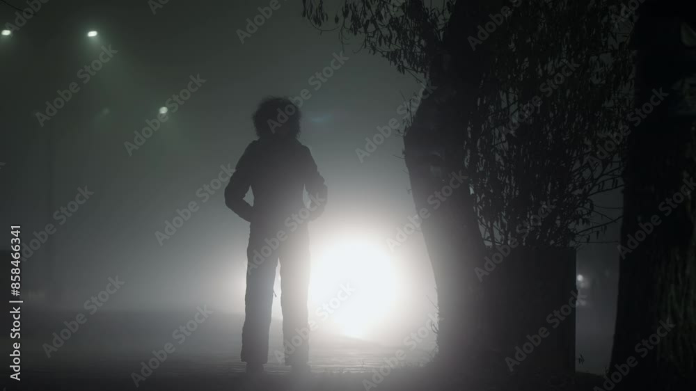 Mysterious woman standing alone on foggy street at night waiting for taxi Mysterious woman standing alone on foggy street at night waiting for taxi
