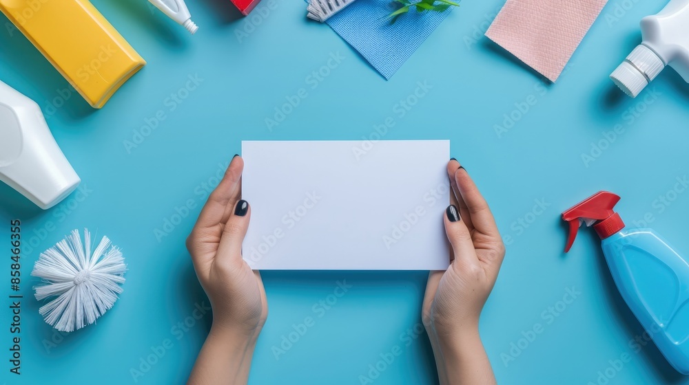 Woman s hands holding blank card with cleaning supplies Blue background Cleaning concept Top view with space for text Woman s hands holding blank card with cleaning supplies Blue background Cleaning concept Top view with space for text
