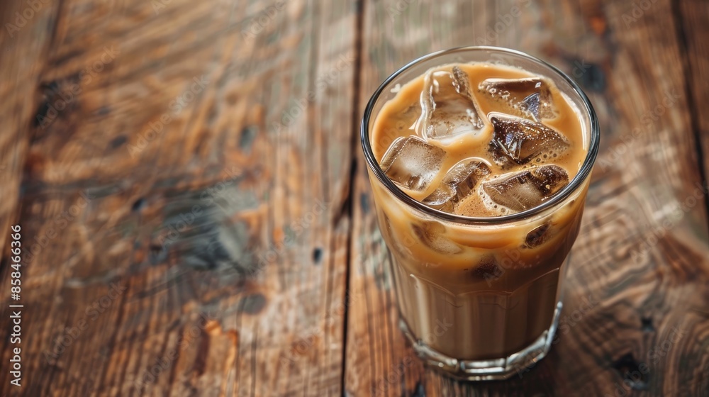 Iced coffee with milk and espresso shot served on a wooden table with space on the left