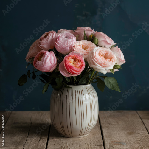 Ceramic vase with flowers on a wooden table, on a blue-black background.