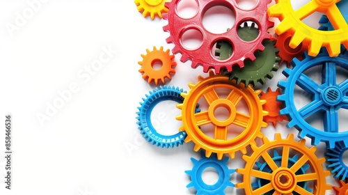 Colorful plastic gears in stack on white Symbolizes motion process with space for text photo