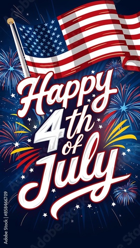 Happy 4th of July with American Flag and Fireworks on Blue Background