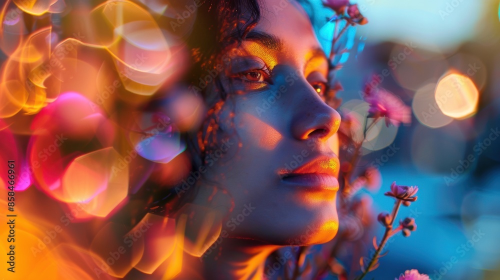 Fototapeta premium Woman with flowers gazing at nighttime lights