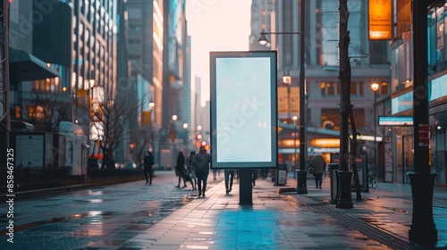 A Large Blank Billboard on a City Street With People Walking By