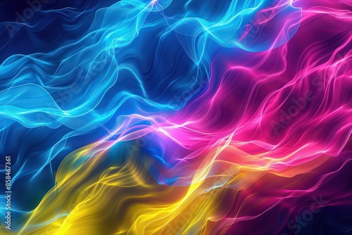 Wallpaper Mural Abstract Background, a 3D abstract background with dynamic fluid waves in neon colors, with electric blue, neon pink, and bright yellow forming energetic and mesmerizing patterns Torontodigital.ca