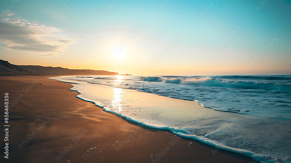 Obraz premium Sunset visible over the gentle waves reflecting on the beach