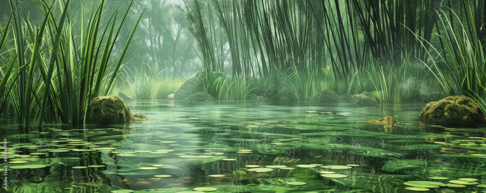 A serene forest pond background with clear water, green reeds, and textured reflections. The tranquil, natural elements create a peaceful, immersive experience. A serene forest pond background with clear water, green reeds, and textured reflections. The tranquil, natural elements create a peaceful, immersive experience.