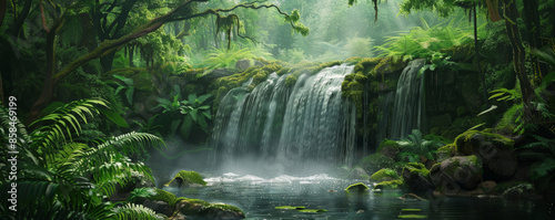 A serene forest waterfall background with cascading water, lush vegetation, and the textures of moss-covered rocks and ferns, creating a refreshing natural setting.
