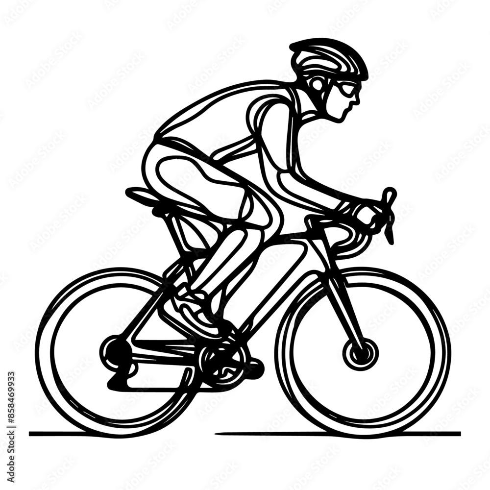 Naklejka premium line art of a cyclist in helmet riding a bicycle, Racing cyclist concept