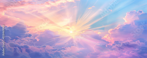A serene sunrise background with soft pastel colors, gentle light rays, and textured clouds. The tranquil, picturesque view creates a peaceful, inspiring scene.
