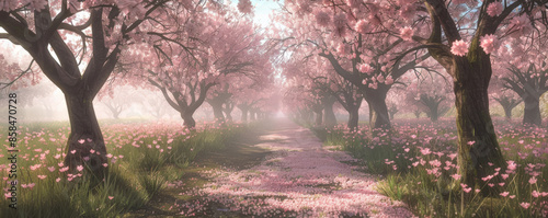 A tranquil cherry orchard background with blooming trees, gentle breezes, and the textures of soft petals and serene pathways, creating a peaceful and picturesque springtime setting.