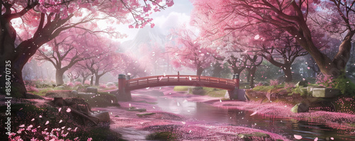 A tranquil cherry blossom park background with blooming sakura trees, gentle streams, and the textures of fallen petals and wooden bridges, creating a serene and picturesque setting. photo