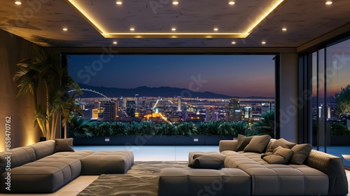 A modern living room with a ceiling recessed lighting, a stone gray modular sofa, and a wall of retractable windows with a view of a citya??s architectural wonders at night photo