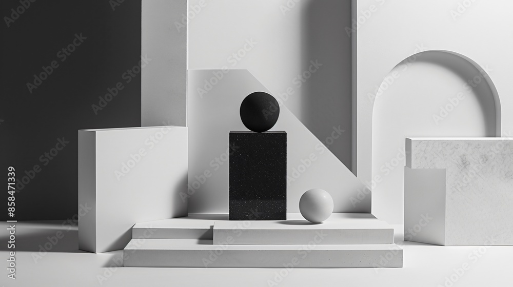 A minimalist arrangement of geometric shapes in black and white, with sharp contrasts and clean lines