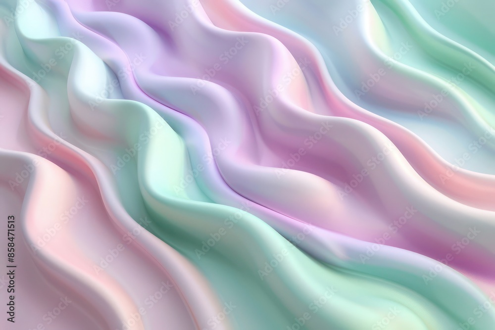 Obraz premium Abstract Background, a 3D abstract background with smooth, undulating wave patterns in pastel shades of soft pink, mint green, and lavender
