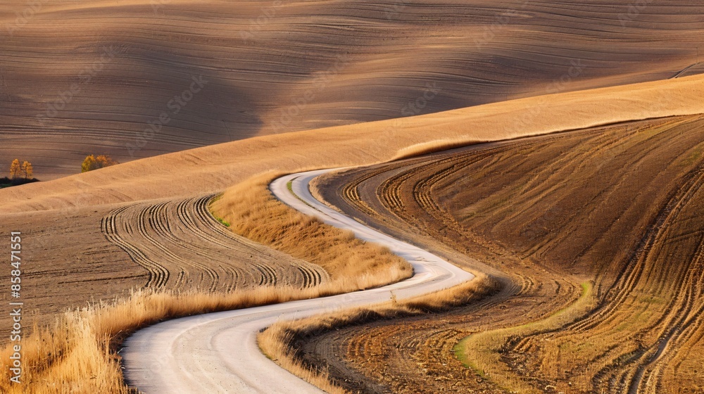 Fototapeta premium A minimalist landscape with a single, winding road through a vast, empty field