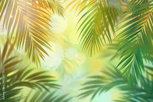 palm leaves on a gradient background with a pastel green and yellow color palette with blurred tropical leaves Generative AI