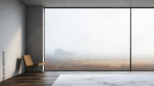 A modern, frameless window overlooking an empty, foggy landscape