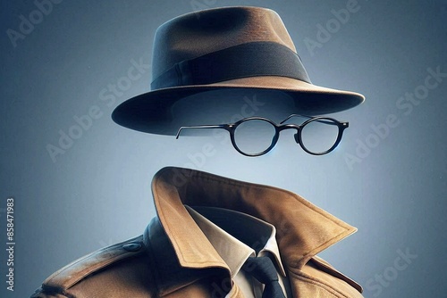 AI-generated illustration of an invisible man wearing a hat, glasses, and trench coat