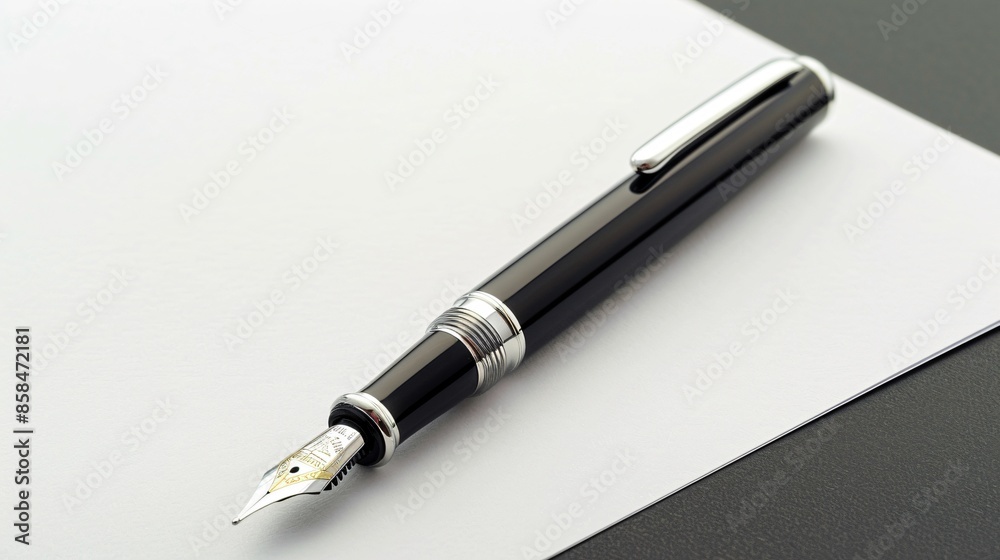 A single, elegant fountain pen resting on a blank sheet of white paper A single, elegant fountain pen resting on a blank sheet of white paper
