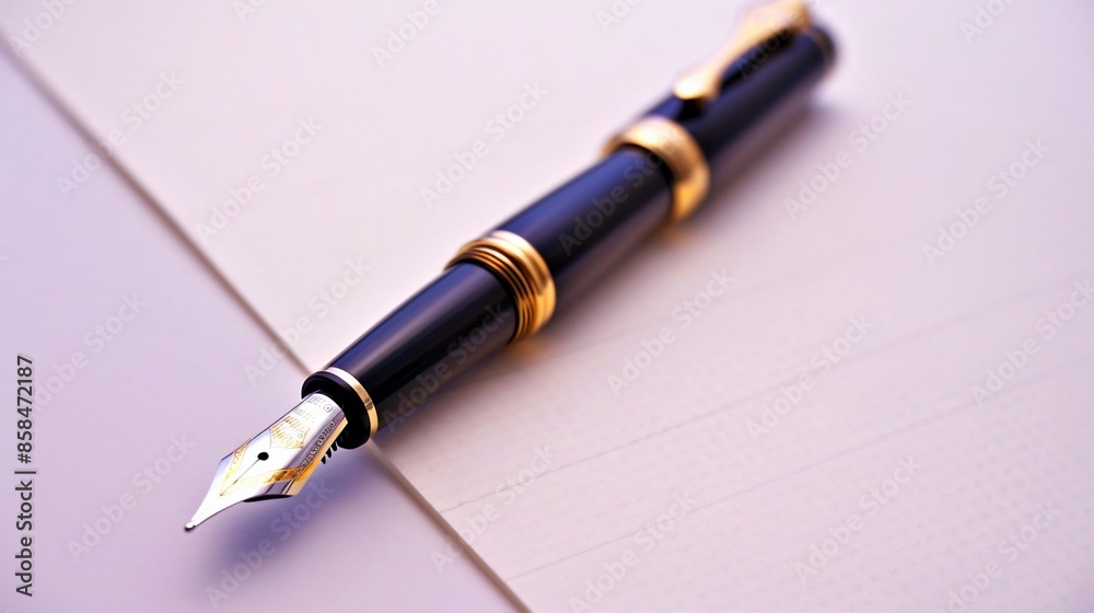 A single, elegant fountain pen resting on a blank sheet of white paper A single, elegant fountain pen resting on a blank sheet of white paper