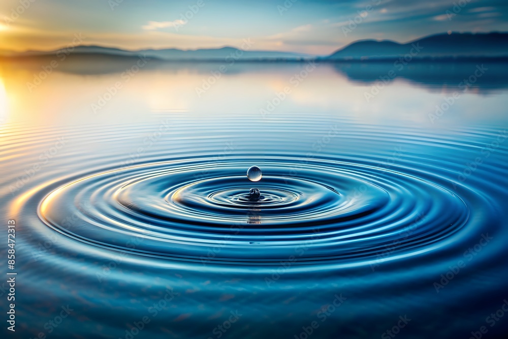 Water Drop Creating Ripples In A Calm Lake At Sunset With A Beautiful Mountain Landscape In The Background.